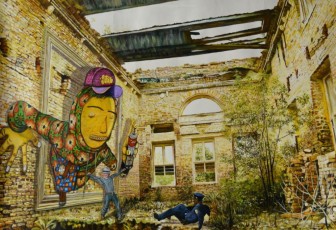 133- Gully and Os Gemeos confronts police in an abandoned place 1-90x135cm-2017