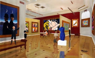107-14-René, Jean Michel, Andy and the children meet Magritte, Lichtenstein, Warhol, Haring and Klein 14 - 90x150cm -2021