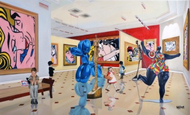 107-5-Chidren meet Lictenstein, Koons, Giacometti and Saint Phalle, 90x150cm -2019