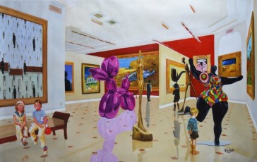 107-8-Children meet Magritte, Van Gogh, Koons, Lichtenstien, Giacometti and Saint Phalle, 100x165cm - 2020
