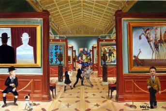 09-98-19-René, Salvador, Niki, Andy and Jean Michel meet Magritte, Warhol, Saint Phalle, Basquiat and Dali-60x91cm-2022