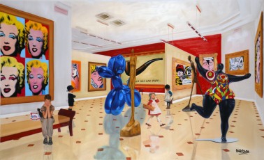 107-19-The Chidren meet Lichtestein, Magritte, Koons, Giacometti and Saint Phalle 19, 90x150cm-2022