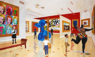 107-23-Nikki, René, Keith, Andy, Jean-Michel and Roy meet Warhol, Warhol, Magritte, Koons, Giacometti, Saint Phalle, Lichtenstein, Dali, Fontana and Haring 23-78x130cm-2022