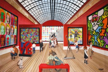 87-34-Keith, Andy, Nikki, Jean-Michel and the children meet Warhol, Indiana, Haring, Hirst, Banksy and Basquiat 34-100x150cm-2022