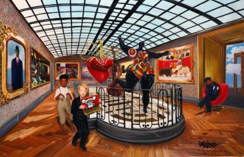 125-2-Jean Michel and the cop meet Magritte, Hopper, Caillebotte, Vasarely, Koons, Arman, Saint Phalle, Magritte, Botero and Haring 2-70x110cm-2021