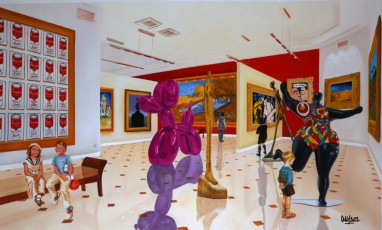 107-20-the children meet Magritte, Van Gogh, Koons, Giacometti, Lichtenstein, Saint Phalle and Warhol 20, 90x150cm