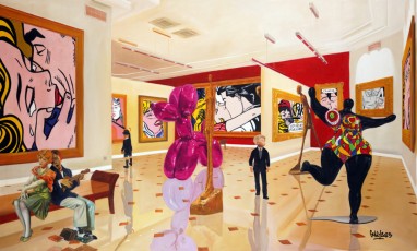 107-27-René, Andy and the children meet Lichtenstein, Koons, Giacometti and Saint Phalle 27-90x150cm-2023