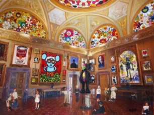 108-5-Jean-Michel, Andy, Nakashi, René, Keith and the children meet, Murakami, Jonone, Warhol, Invader, Haring, Magritte, Kaws, Jr, Obey, Banksy Basquiat and Mist 5-112x150cm-2023