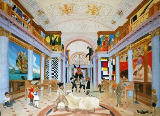 11-142-6-Keith, Andy, René, Pablo, Jean-Michel, Niki, Gully and the children meet Lichtenstein, Dali, Murakami, Warhol, Vasarely, Klein, Mondrian, Basquiat, Haring, Magritte, Botero 6-80x110cm-2022