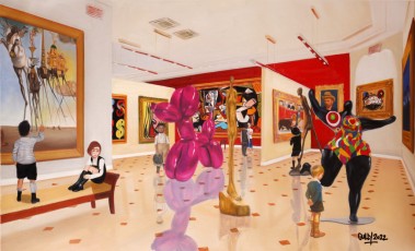13-107-21-Pablo, Nikki, Jean-Michel, Yves, Takashi, René and the boy meet Dali, Warhol, Lichtenstein, Picasso, Botero Van Gogh, Murakami, Magritte, Koons, Giacometti and Saint Phalle 21-60x99cm-2022