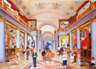 142-9-Jean-Michel, Andy, René, Nakashi, Keith and the children meet Mondrian, Murakami, Basquiat, Picasso, Koons, Jonone, Wharol, Lichtenstein, Magritte and Dali 9-89x125cm-2023