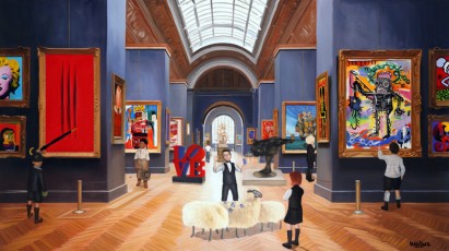 303-2 Pablo, Andy, Nikki, Yves, Keith, Jean-Michel and René meet Warhol, Piccasso, Fontana, Botero, Basquiat, Klein, César, Haring, Pollock, Indiana and Dali 2-90x160cm-2023