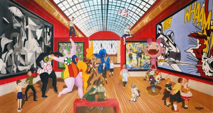 87-35-Jeff, Keith, victor, Vincent, Pablo, Fernando, Takashi and the children meet Picasso, Haring, Saint Phalle, Magritte, Basquiat Lichtenstein and Murakmai 35-100x200cm-2023 copie