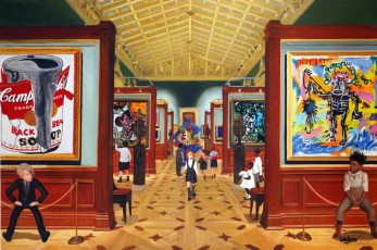 98-18-Andy, Pablo, Yves, Nikki, Jean-Michel and the children meet Warhol, Picasso, Klein, Saint Phalle Basquiat 18-100x151cm-2023